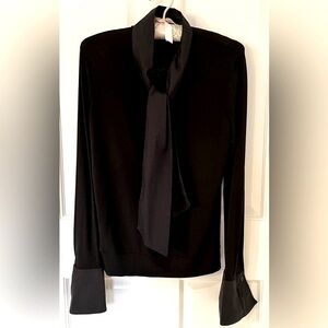 Lida Baday black jersey blouse, cotton tie, half placket, pleated cuffs. Sz M
